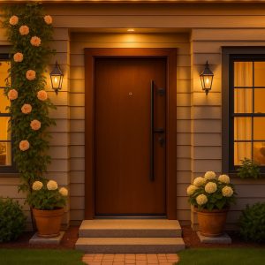 Ușă intrare casă/vilă MDF cu PVC Clasic Exterior 301 Stejar Auriu cu mâner bară