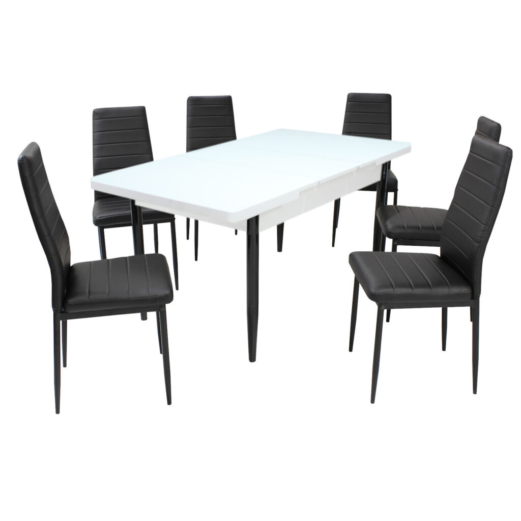 Set masă extensibilă Albă cu 6 scaune Oscar Negru Piele Ecologică