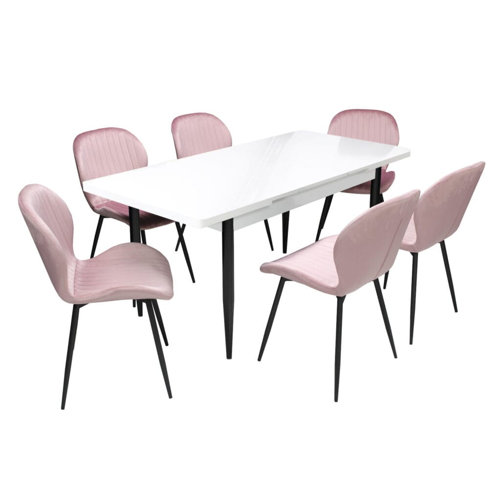 Set masă extensibilă Aris Alb cu 6 scaune Opal Roz