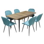 Set masă extensibilă Aris Nuc cu 6 scaune Opal Turcoaz