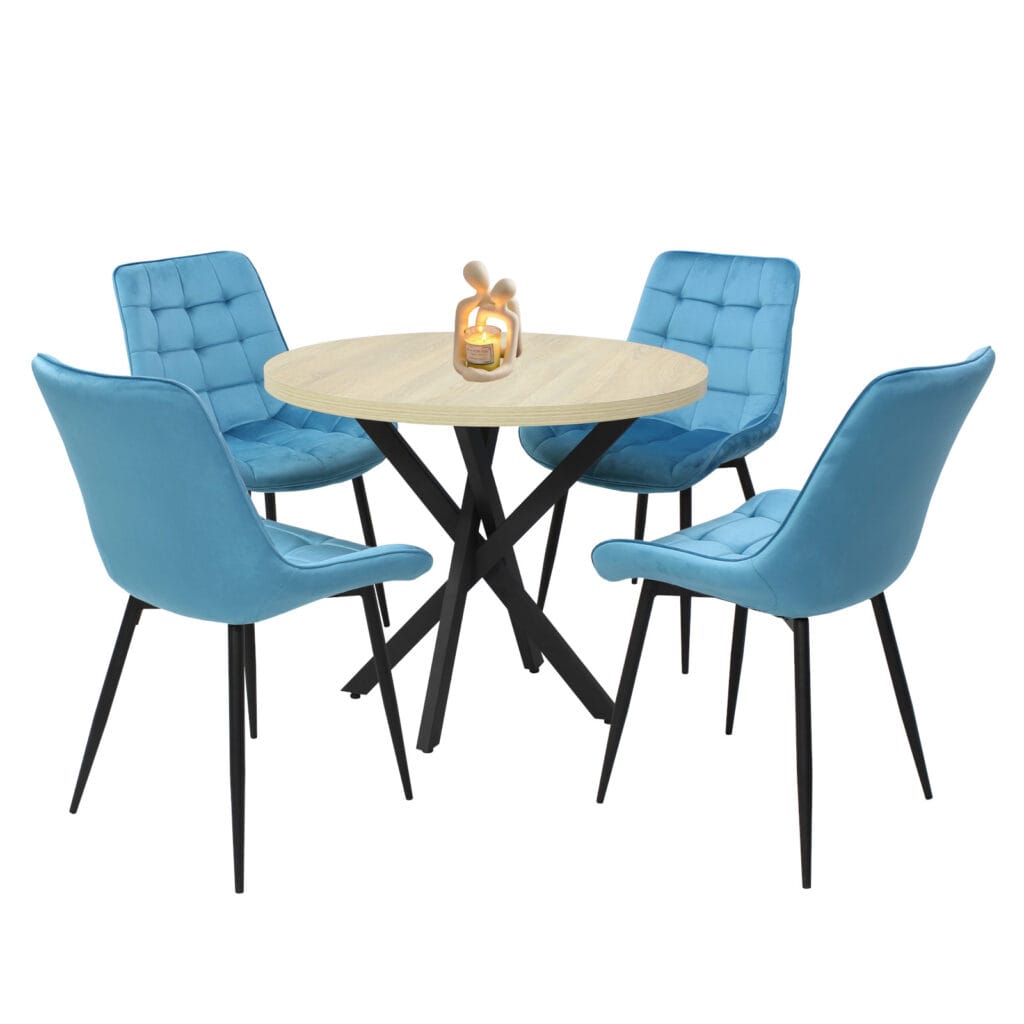 Set Masă fixă Rotundă Tania X Stejar cu 4 Scaune Onix Turcoaz Deschis