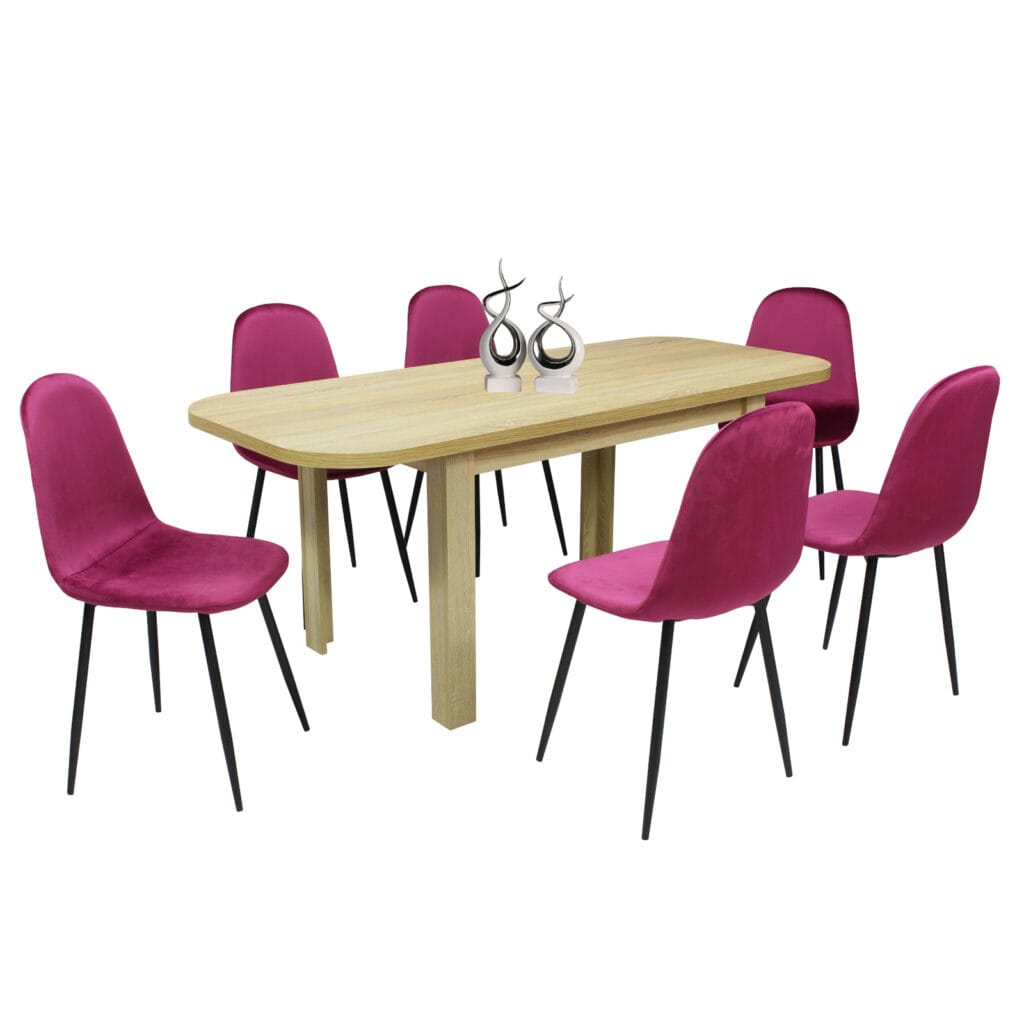 Set masă extensibilă Roma Stejar cu 6 Scaune Rya Bordo