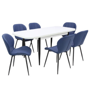 Set masă extensibilă Viena Albă cu 6 Scaune Piele Topaz Albastru