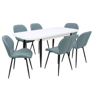 Set masă extensibilă Viena Albă cu 6 Scaune Piele Topaz Bleu