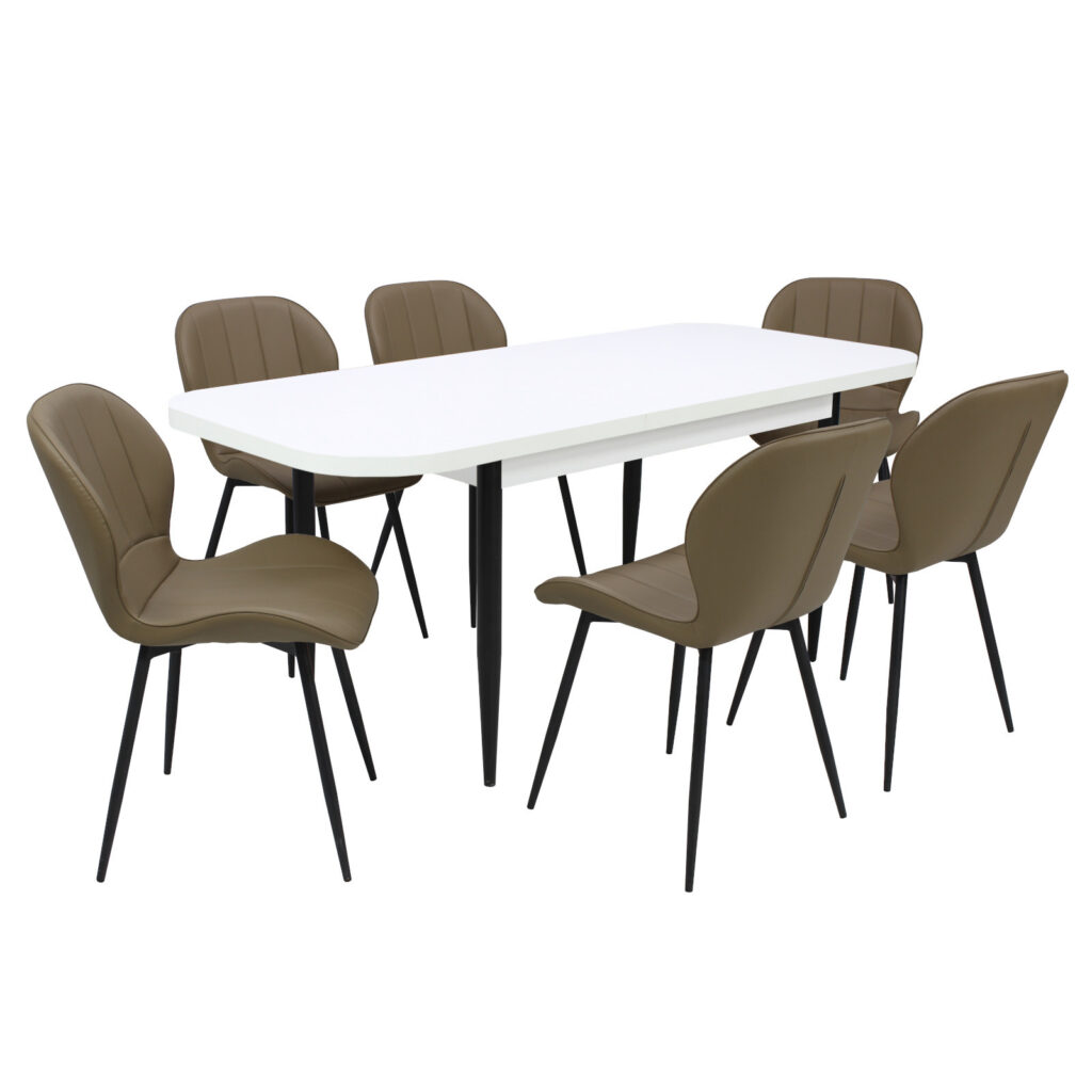 Set masă extensibilă Viena Albă cu 6 Scaune Piele Topaz Capucino
