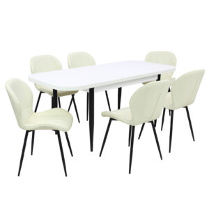 Set masă extensibilă Viena Albă cu 6 Scaune Piele Topaz Crem