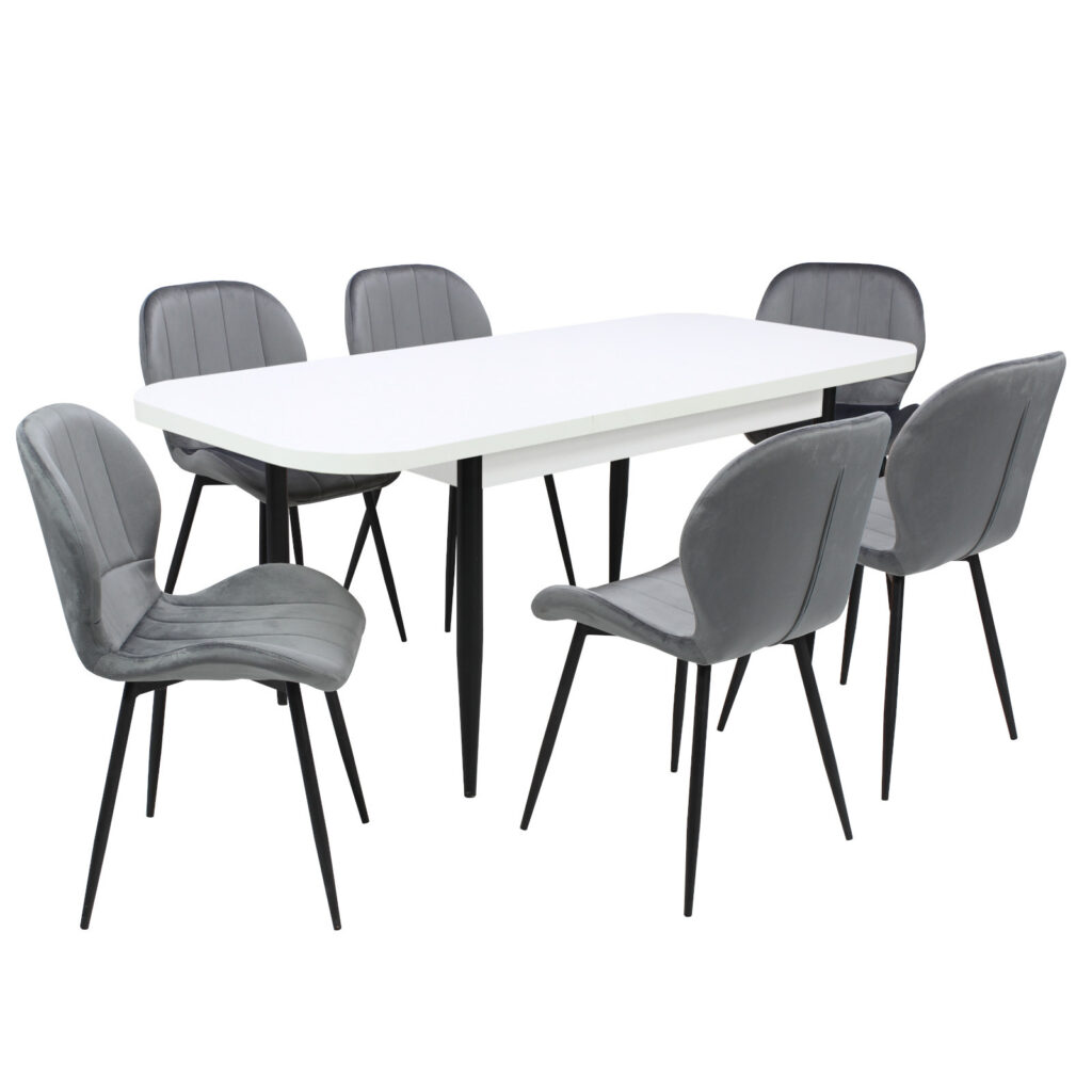 Set masă extensibilă Viena Albă cu 6 Scaune Topaz Gri