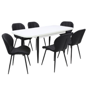 Set masă extensibilă Viena Albă cu 6 Scaune Piele Topaz Negru