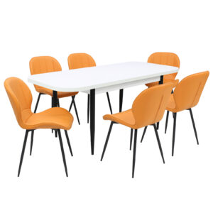 Set masă extensibilă Viena Albă cu 6 Scaune Piele Topaz Portocaliu