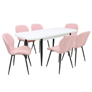 Set masă extensibilă Viena Albă cu 6 Scaune Piele Topaz Roz