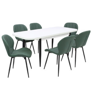Set masă extensibilă Viena Albă cu 6 Scaune Piele Topaz Verde Fistic