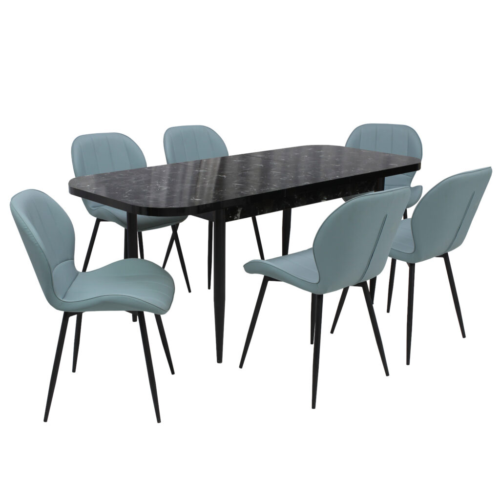 Set masă extensibilă Viena Negru cu 6 Scaune Piele Topaz Bleu