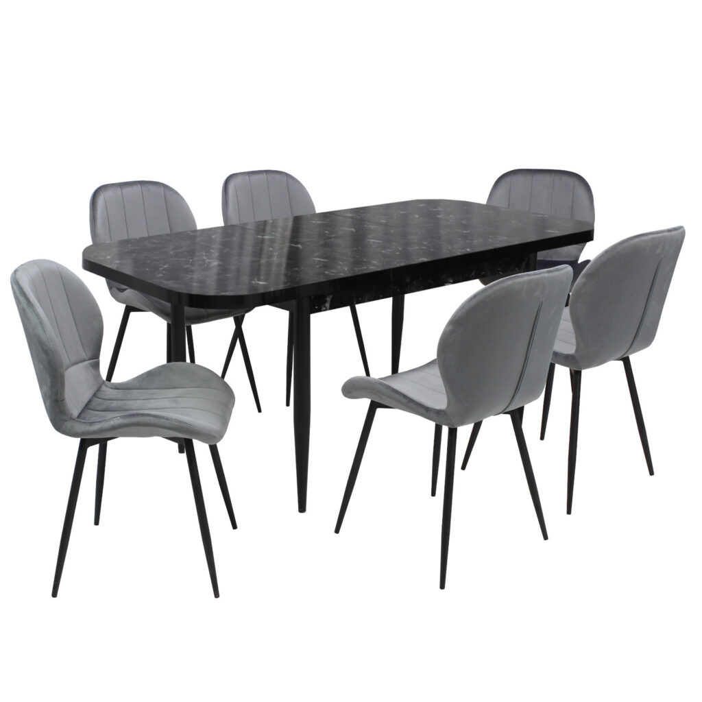 Set masă extensibilă Viena Negru cu 6 Scaune Topaz Gri