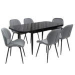 Set masă extensibilă Viena Negru cu 6 Scaune Topaz Gri