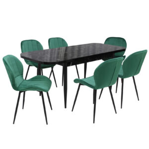 Set masă extensibilă Viena Negru cu 6 Scaune Topaz Verde