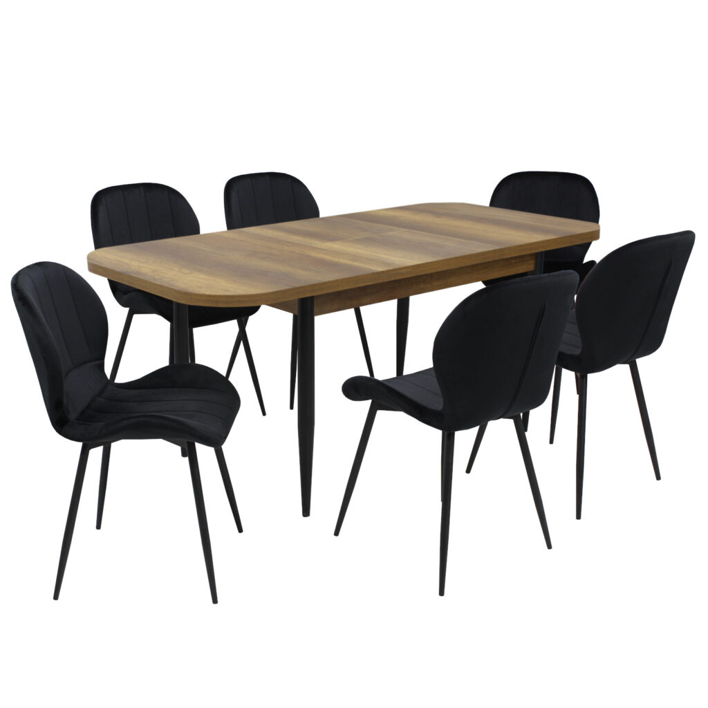 Set masă extensibilă Viena Nuc cu 6 Scaune Topaz Negru