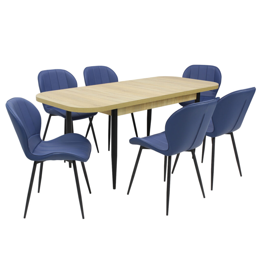 Set masă extensibilă Viena Stejar cu 6 Scaune Piele Topaz Albastru