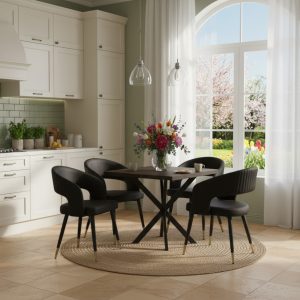 Masă fixă Pătrată Tania X Wenge cu 4 scaune Piele Ecologică Monaco Negru