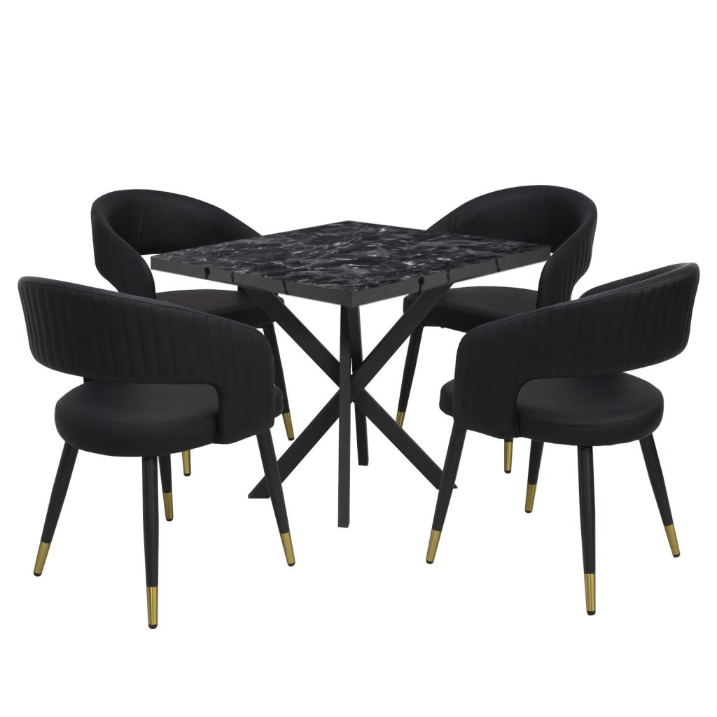 Masă fixă Pătrată Tania X Negru cu 4 scaune Piele Ecologică Monaco Negru