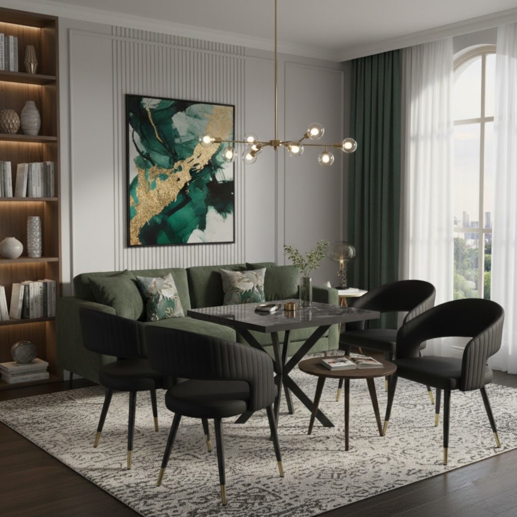 Masă fixă Pătrată Tania X Negru cu 4 scaune Piele Ecologică Monaco Negru