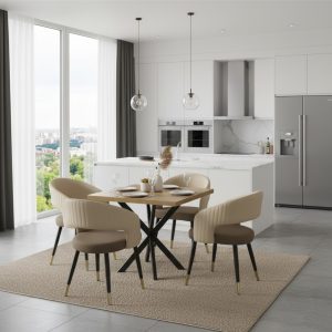 Masă fixă Pătrată Tania X Nuc cu 4 scaune Piele Ecologică Monaco Maro Crem