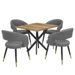 Masă fixă Pătrată Tania X Nuc cu 4 scaune Piele Ecologică Monaco Gri