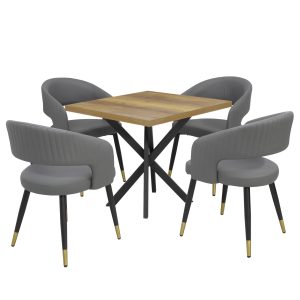 Masă fixă Pătrată Tania X Nuc cu 4 scaune Piele Ecologică Monaco Gri