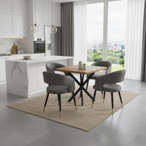 Masă fixă Pătrată Tania X Nuc cu 4 scaune Piele Ecologică Monaco Gri