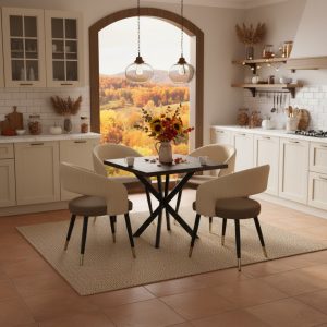 Masă fixă Pătrată Tania X Wenge cu 4 scaune Piele Ecologică Monaco Maro Crem