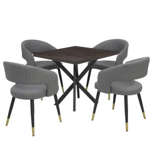 Masă fixă Pătrată Tania X Wenge cu 4 scaune Piele Ecologică Monaco Gri