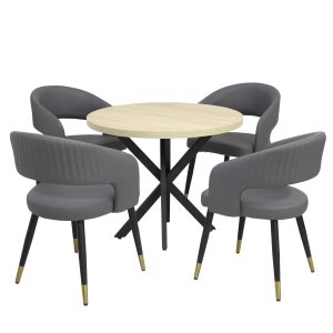 Masă fixă Rotundă Tania X Stejar cu 4 Scaune Piele Ecologică Monaco Gri
