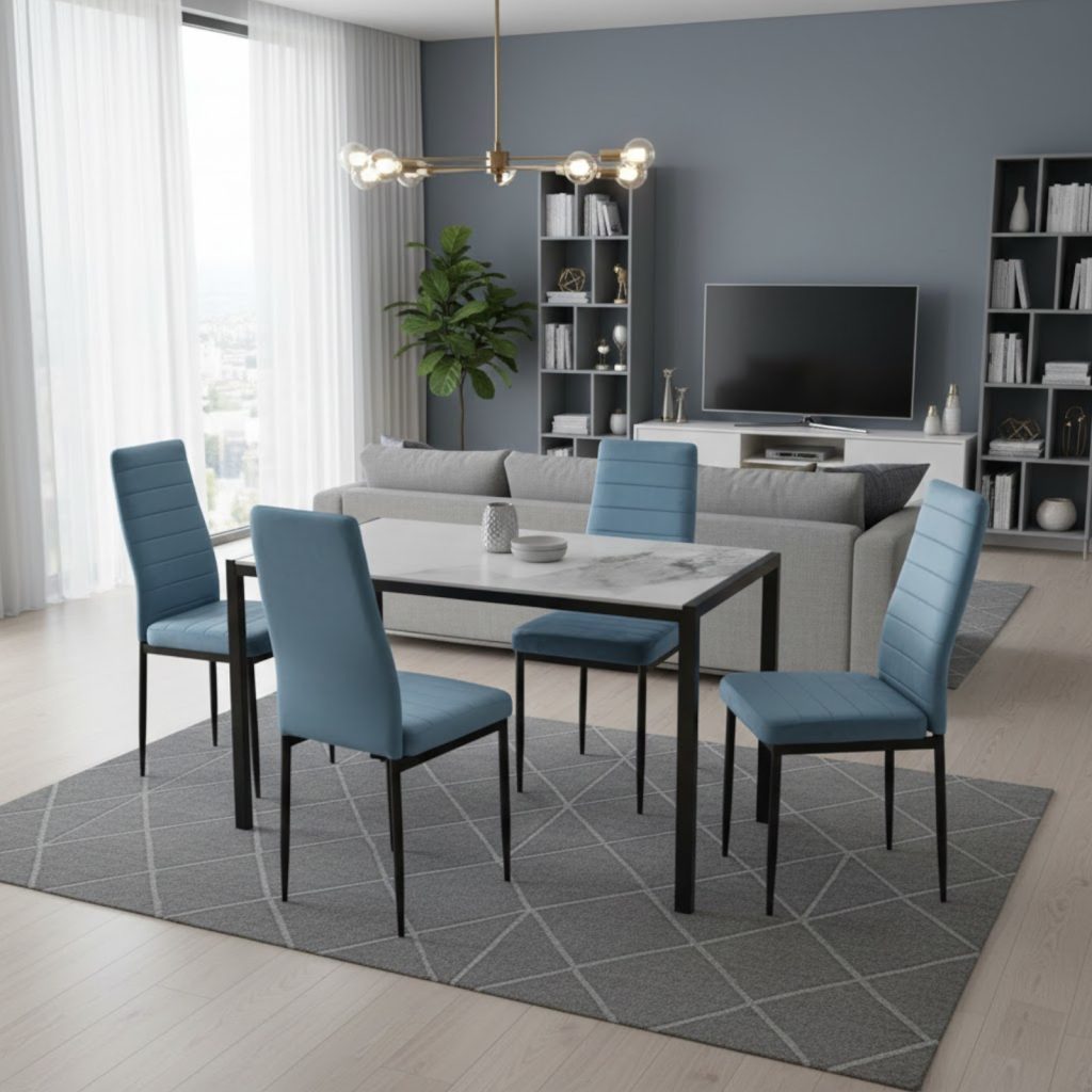 Set Masă fixă Marmyra Nova Dreptunghiulară Albă cu 4 scaune Oscar Blue