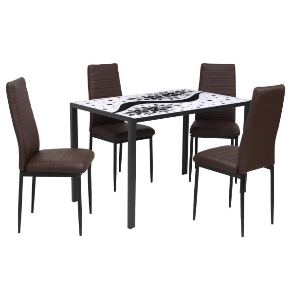 Set Masă fixă Dreptunghiulară Black Flower cu 4 scaune Piele Oscar Maro