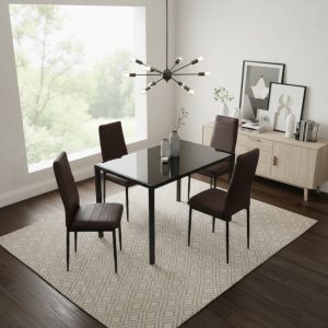 Set Masă fixă Dreptunghiulară Luna Negru cu 4 scaune Piele Oscar Maro