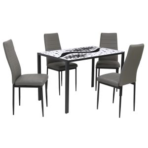 Set Masă fixă Dreptunghiulară Black Flower cu 4 scaune Piele Oscar Gri
