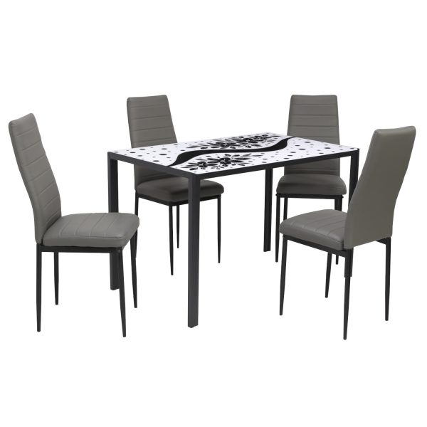 Set Masă fixă Dreptunghiulară Black Flower cu 4 scaune Piele Oscar Gri