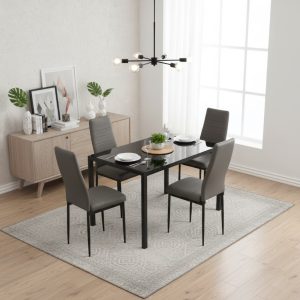Set Masă fixă Dreptunghiulară Luna Negru cu 4 scaune Piele Oscar Gri