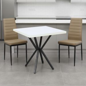 Set Masa fixa Patrata Artex Alba cu 2 scaune Piele Oscar Maro Deschis