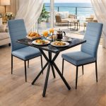 Set Masa fixa Patrata Artex Negru Marmorat cu 2 Scaune Oscar Albastru1