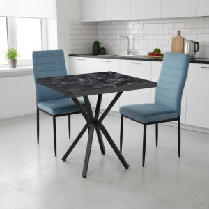 Set Masa fixa Patrata Artex Negru Marmorat cu 2 scaune Oscar Albastru