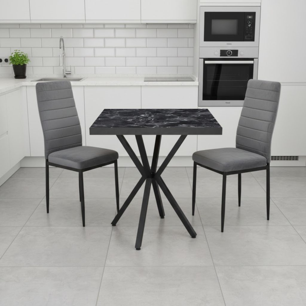 Set Masa fixa Patrata Artex Negru Marmorat cu 2 scaune Oscar Gri