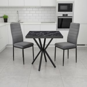 Set Masa fixa Patrata Artex Negru Marmorat cu 2 scaune Oscar Gri