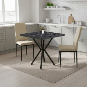 Set Masa fixa Patrata Artex Negru Marmorat cu 2 scaune Oscar crem