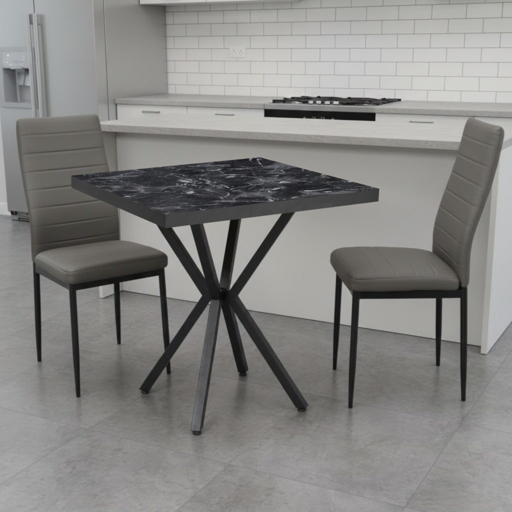 Set Masa fixa Patrata Artex Negru Marmorat cu 2 scaune Piele Oscar Gri
