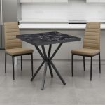 Set Masa fixa Patrata Artex Negru Marmorat cu 2 scaune Piele Oscar Maro Deschis