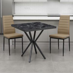 Set Masa fixa Patrata Artex Negru Marmorat cu 2 scaune Piele Oscar Maro Deschis