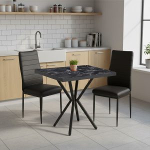 Set Masa fixa Patrata Artex Negru Marmorat cu 2 scaune Piele Oscar Negru