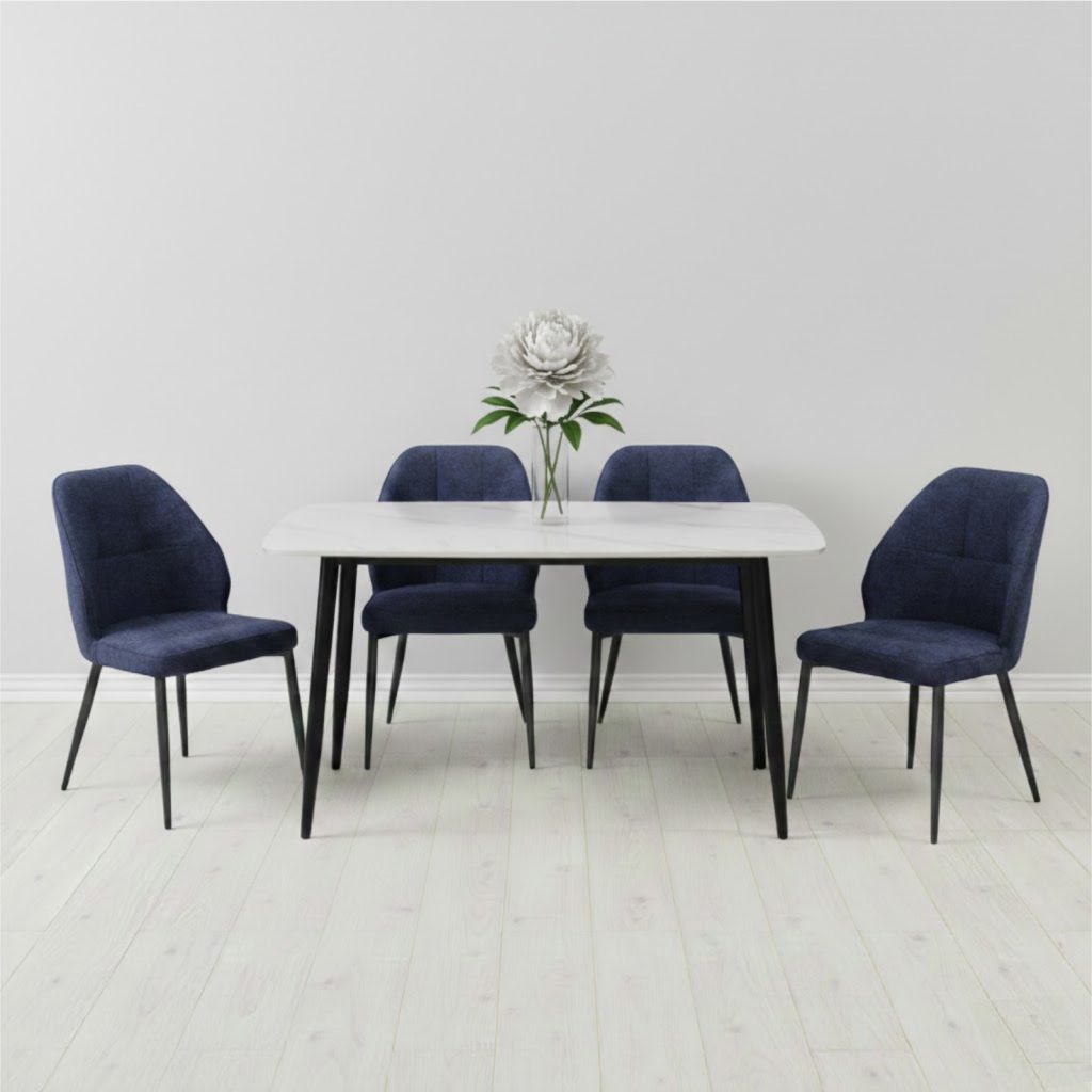 Set Masa fixa Atlas Marble Alba cu 4 scaune Velto Albastru