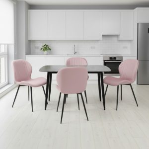 Set Masa fixa Atlas Marble Gri cu 4 scaune Opal Roz