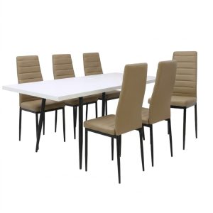 Set masa extensibila Alba Negru Marmorat cu 6 Scaune Oscar Maro Deschis Piele Ecologica1